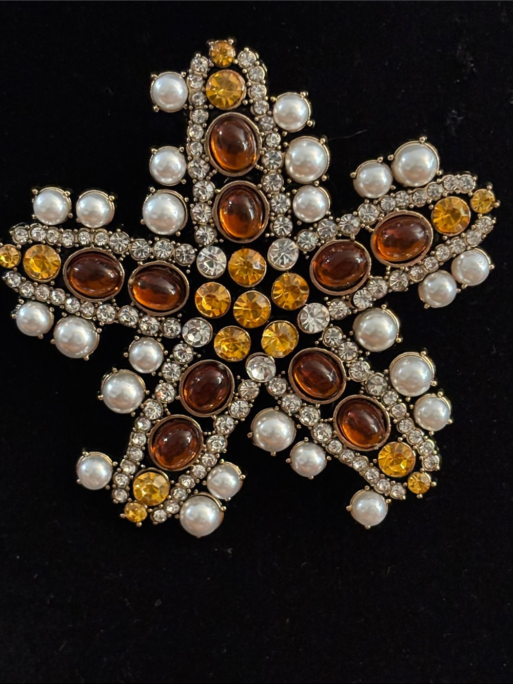 Gold-Tone Pearl & Amber Star Brooch